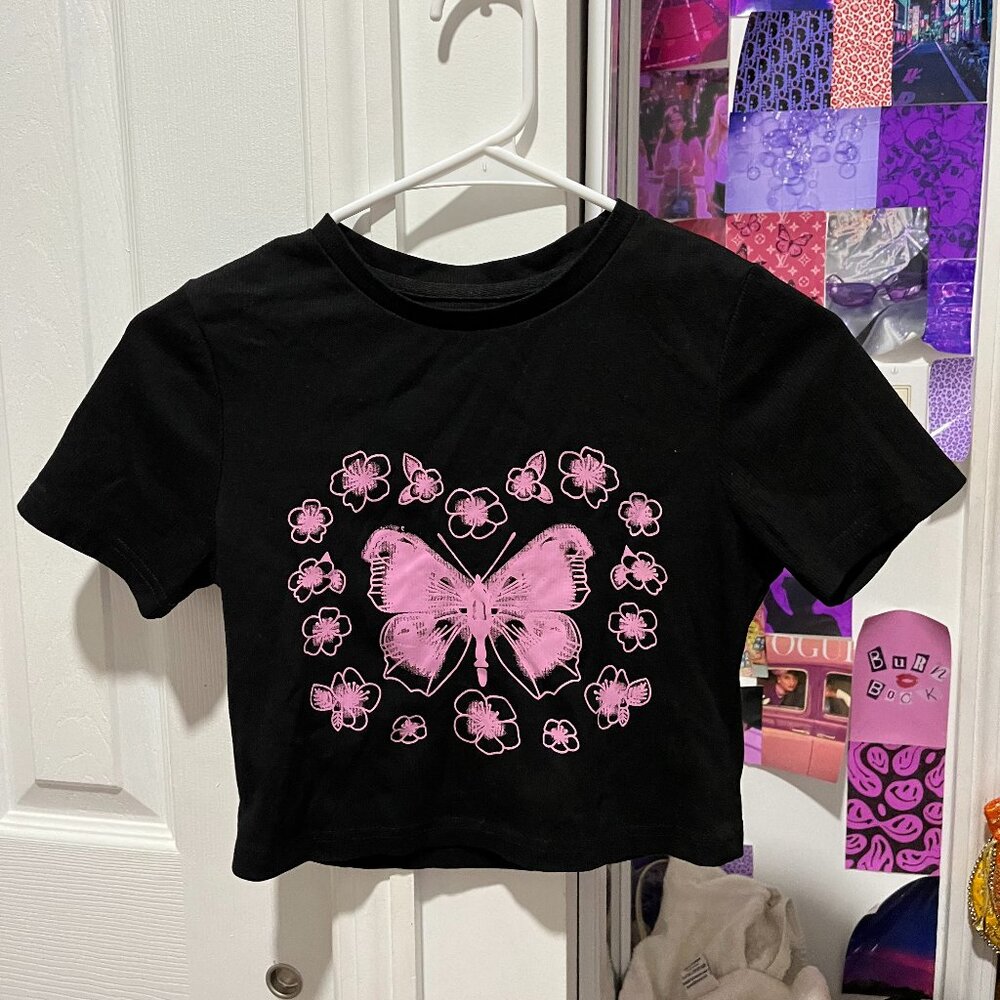 Small black butterfly crop top